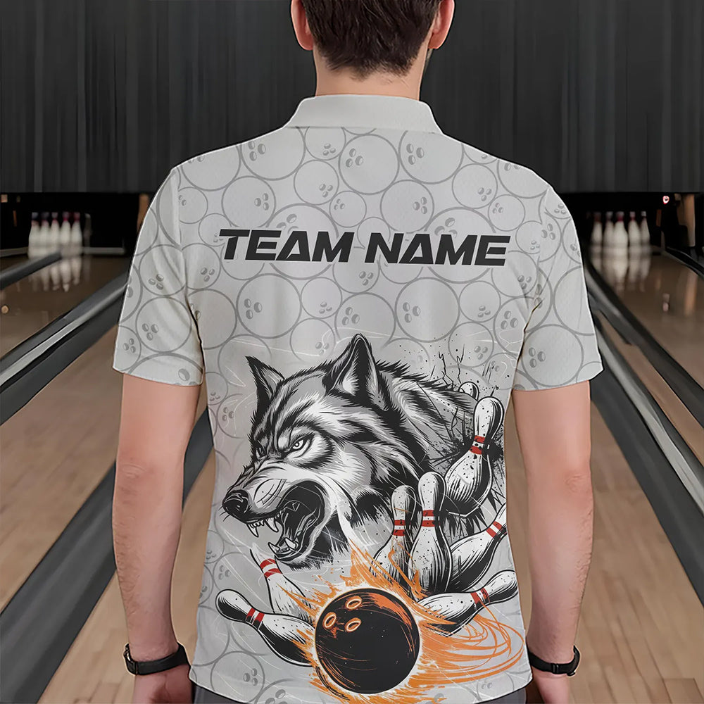 Custom Gray And Red Wolf Bowling Polo Shirts For Men, Wolf Bowling Tournament Shirt IPHW8717