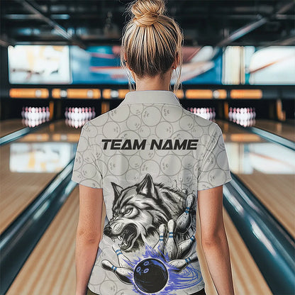 Custom Gray And Blue Wolf Bowling Polo Shirts For Women, Wolf Bowling Tournament Shirt IPHW8718