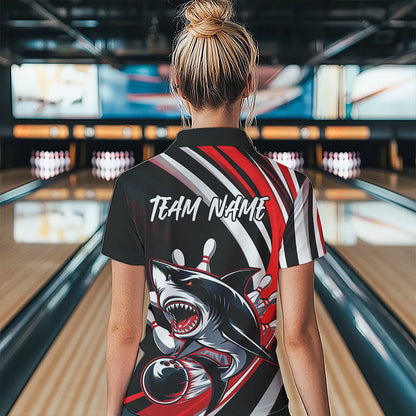 Custom Black And Red Shark Bowling Polo Shirts For Women,  Shark Bowling Team Jerseys IPHW8722