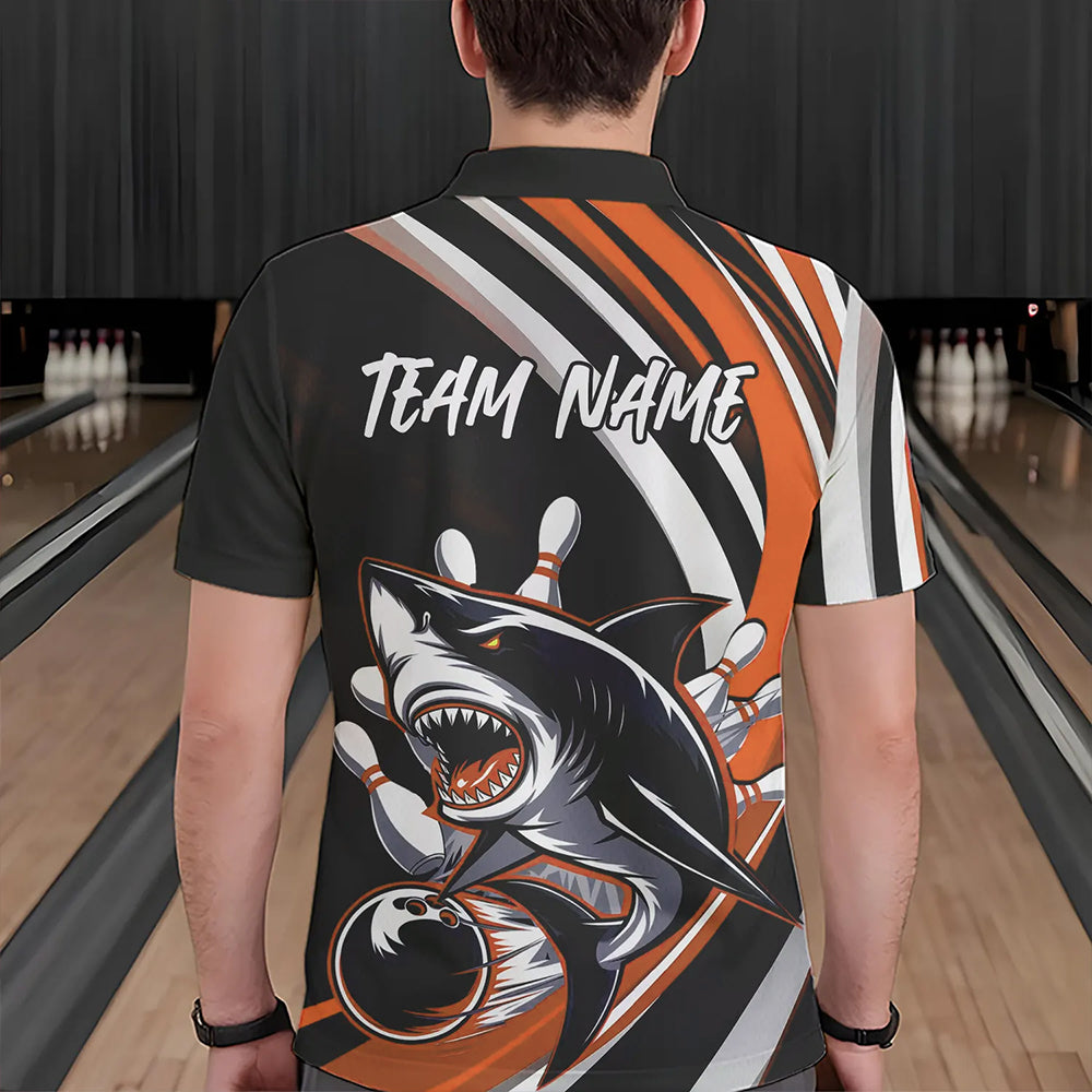Custom Black And Orange Shark Bowling Polo Shirts For Men,  Shark Bowling Team Jerseys IPHW8723