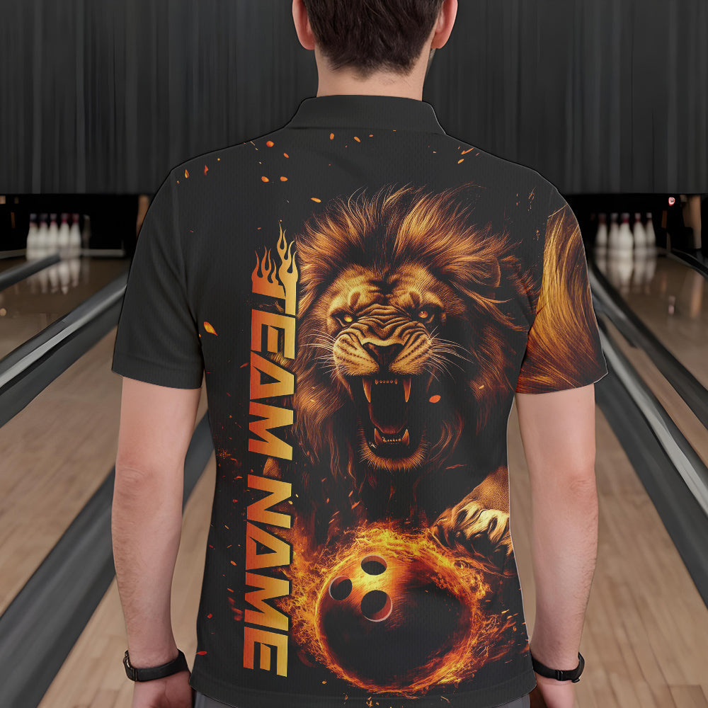 Custom Fire Flame Lion Bowling Team Polo Shirts For Men, Lion Bowling Tournament Shirt IPHW8979