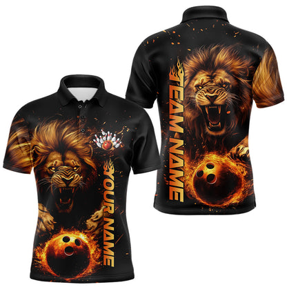 Custom Fire Flame Lion Bowling Team Polo Shirts For Men, Lion Bowling Tournament Shirt IPHW8979
