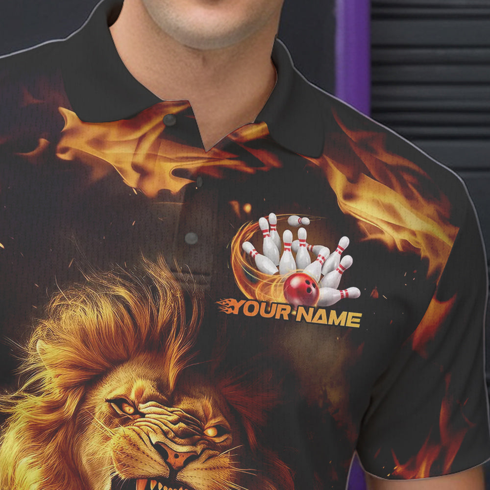Custom Fire Flame Lion Bowling Polo Shirts For Men, Bowling League Shirt Team Uniform IPHW8980