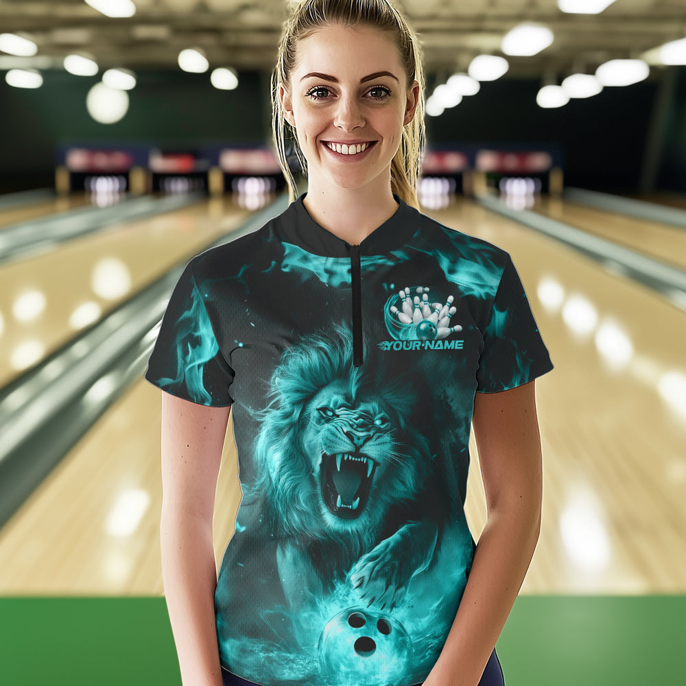 Custom Blue Flame Lion Bowling Quarter-Zip Shirts For Women, Bowling Team Uniform IPHW8982