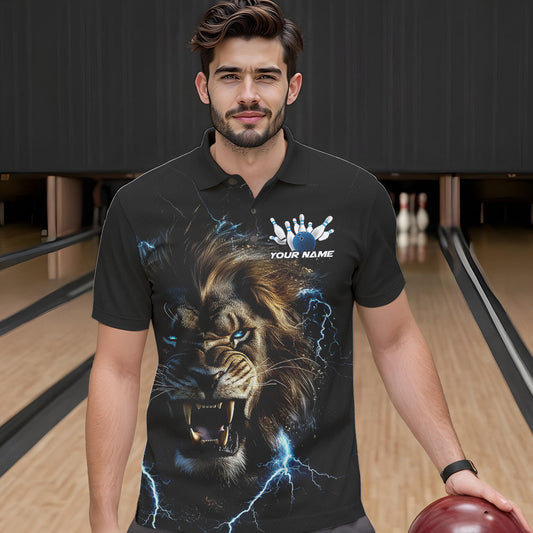 Custom Blue Thunder Lightning Lion Bowling Team Men Polo Shirts, Lion Bowling League Shirt IPHW8985