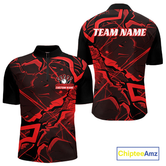 Front and back mens black and red bowling quarter-zip featuring a cracked geometric pattern with angular lines.