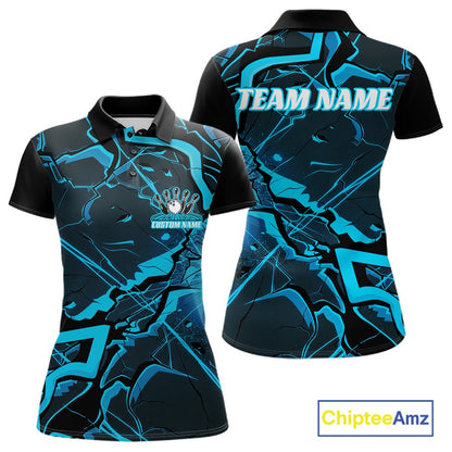 Front and back womens black and blue bowling polo featuring cracked geometric artwork with sharp futuristic lines.