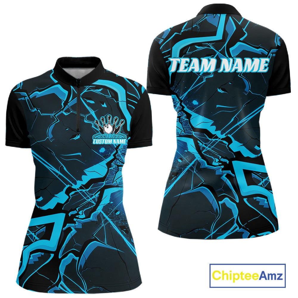 Front and back views of a womens black and blue bowling quarter-zip featuring a cracked geometric pattern and angular graphics.