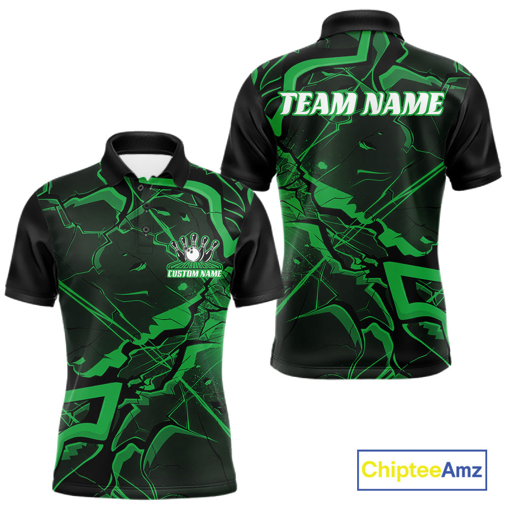 Front and back mens bowling polo with black and green cracked geometric pattern and futuristic angular lines.