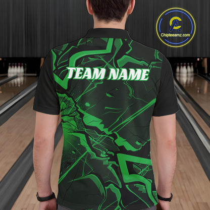 Back view of a mens bowling polo showcasing black and green angular line graphics with a futuristic style.