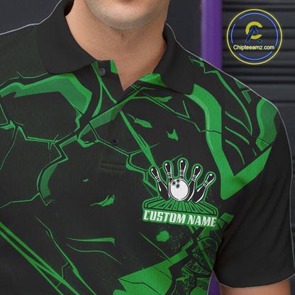Close-up left chest view of a bowling polo with black and green cracked geometric pattern details.
