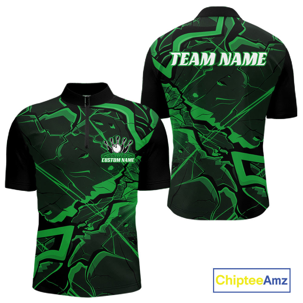 Front and back mens black and green bowling quarter-zip featuring a cracked geometric pattern with angular futuristic lines.