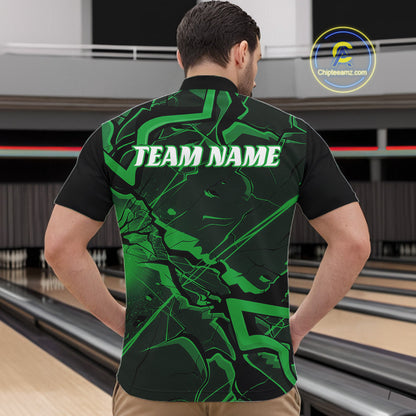 Front view of a mens black and green bowling quarter-zip displaying futuristic angular line graphics.