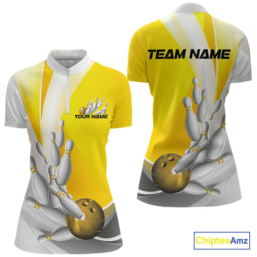 Custom Gold Bowling Quarter-Zip Shirts For Women, Bowling Team Shirt Bowlers Outfit IPHW9230