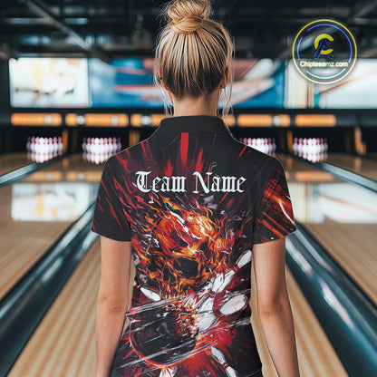 Custom Flame Skull Bowling Team Women Polo Shirts, Fire Halloween Bowler Outfit Uniform IPHW9583