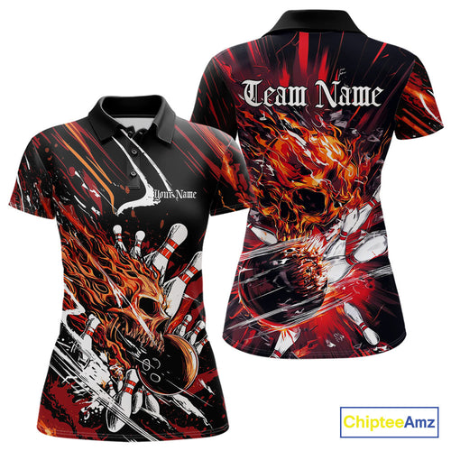 Custom Flame Skull Bowling Team Women Polo Shirts, Fire Halloween Bowler Outfit Uniform IPHW9583