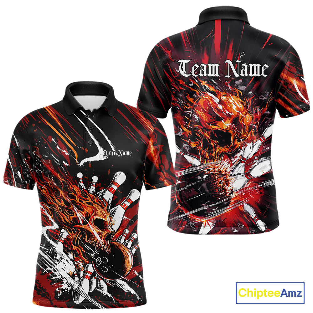 Custom Flame Skull Bowling Team Men Polo Shirts, Fire Halloween Bowler Outfit Uniform IPHW9583