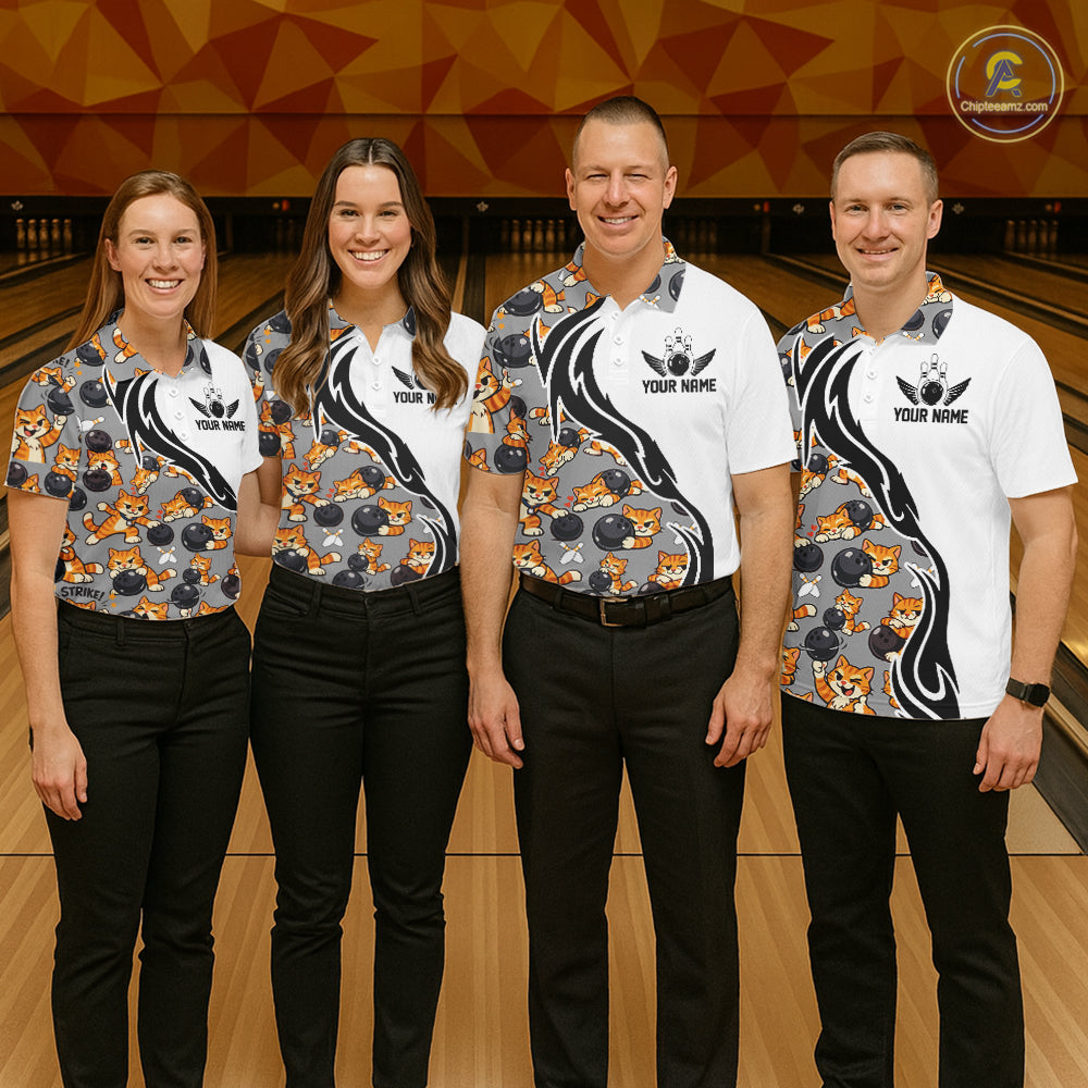 Custom Cute Funny Ginger Tabby Cat Bowling Men Polo Shirts, Cat Bowling Team Shirt IPHW10316