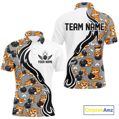 Custom Cute Funny Ginger Tabby Cat Bowling Men Polo Shirts, Cat Bowling Team Shirt IPHW10316