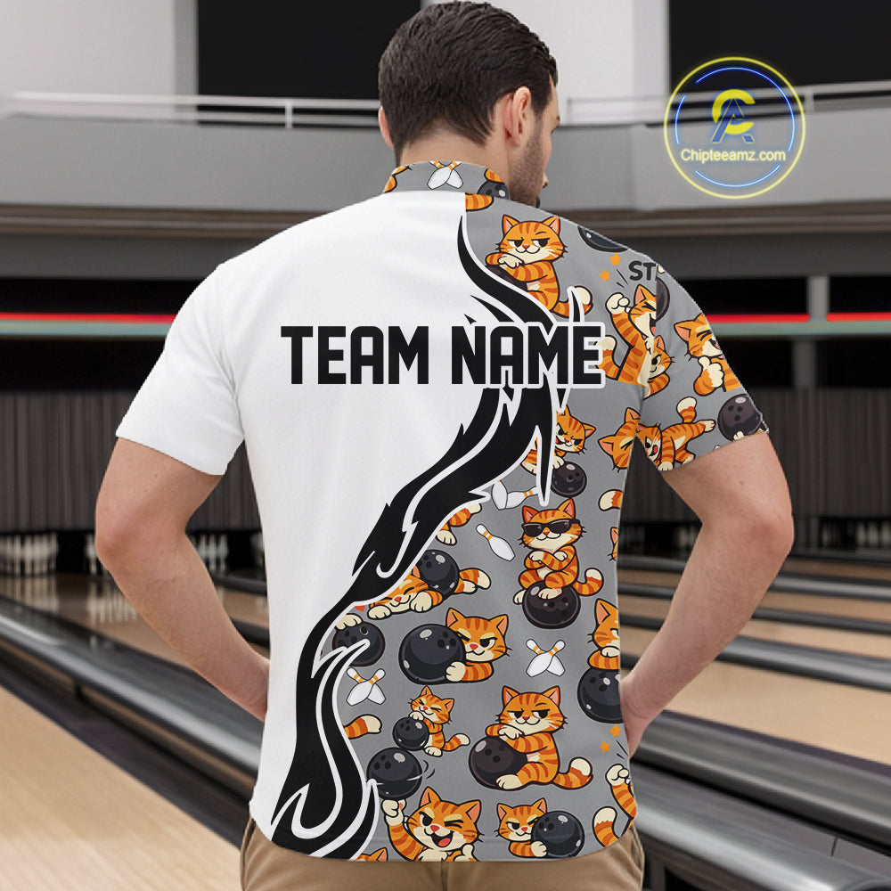 Custom Cute Funny Ginger Tabby Cat Bowling Men Quarter-Zip Shirts, Cat Bowling Team Shirt IPHW10316