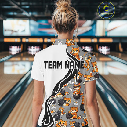 Custom Cute Funny Ginger Tabby Cat Bowling Women Quarter-Zip Shirts, Bowling Team Shirt IPHW10316
