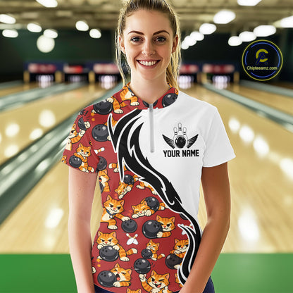 Custom Cute Funny Ginger Tabby Cat Bowling Women Quarter-Zip Shirts, Bowling Team Shirt IPHW10318