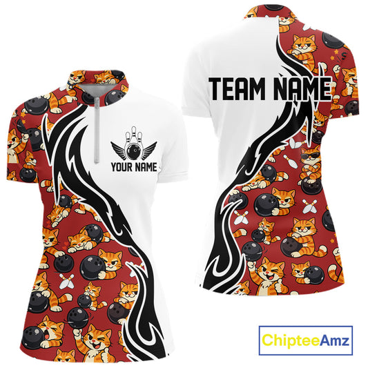Custom Cute Funny Ginger Tabby Cat Bowling Women Quarter-Zip Shirts, Bowling Team Shirt IPHW10318