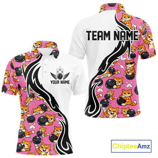 Custom Cute Funny Ginger Tabby Cat Bowling Men Polo Shirts, Cat Bowling Team Shirt IPHW10319
