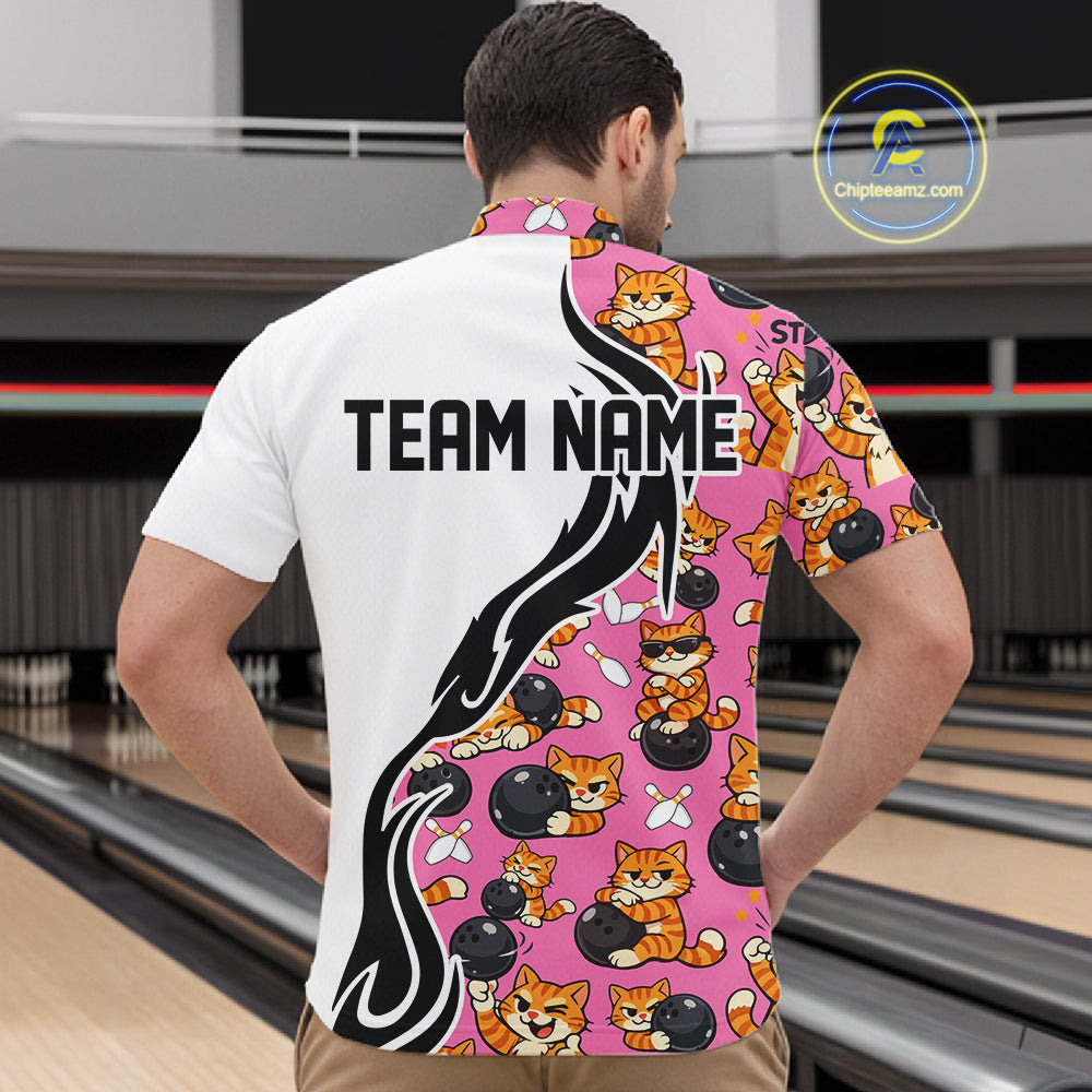 Custom Cute Funny Ginger Tabby Cat Bowling Men Quarter-Zip Shirts, Cat Bowling Team Shirt IPHW10319