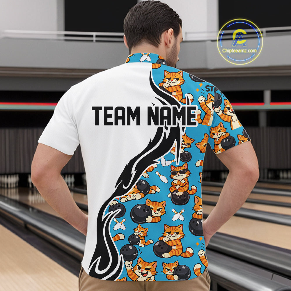 Custom Cute Funny Ginger Tabby Cat Bowling Men Quarter-Zip Shirts, Cat Bowling Team Shirt IPHW10320