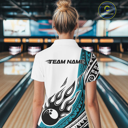 Custom Blue Tribal Polynesian Pattern Women Bowling Shirt, Maori Style Bowling Outfit IPHW10327