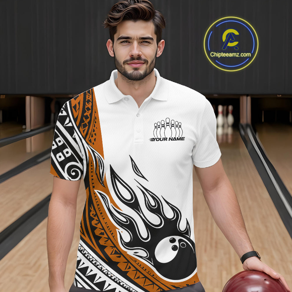 Custom Orange Tribal Polynesian Pattern Men Bowling Shirt, Maori Style Bowling Outfit IPHW10329