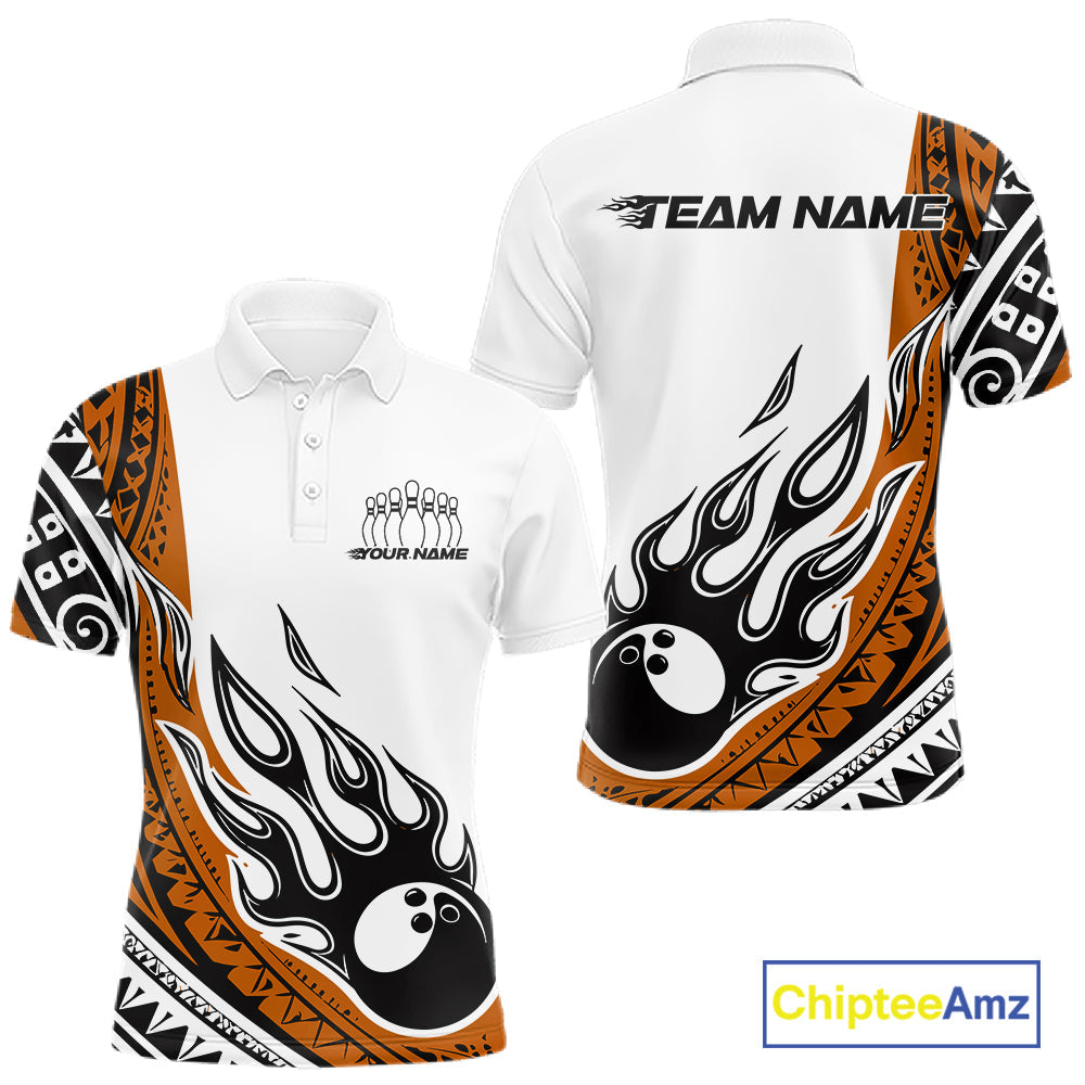 Custom Orange Tribal Polynesian Pattern Men Bowling Shirt, Maori Style Bowling Outfit IPHW10329