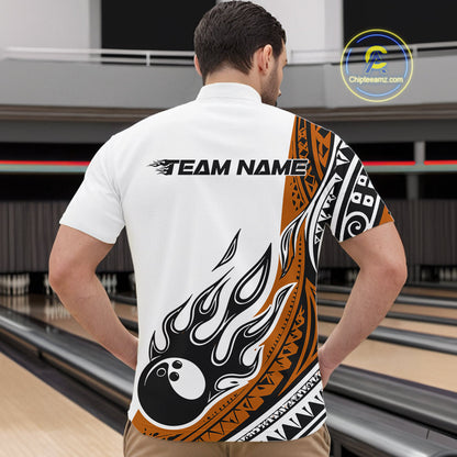 Custom Orange Tribal Polynesian Pattern Men Bowling Shirt, Maori Style Bowling Outfit IPHW10329