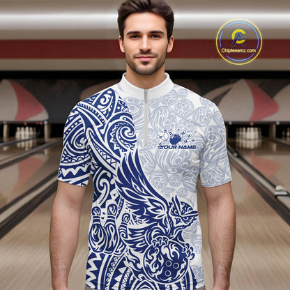 Custom Blue Tribal Tattoo Pattern Polynesian Owl Bowling Men Quarter-Zip Shirts IPHW10334