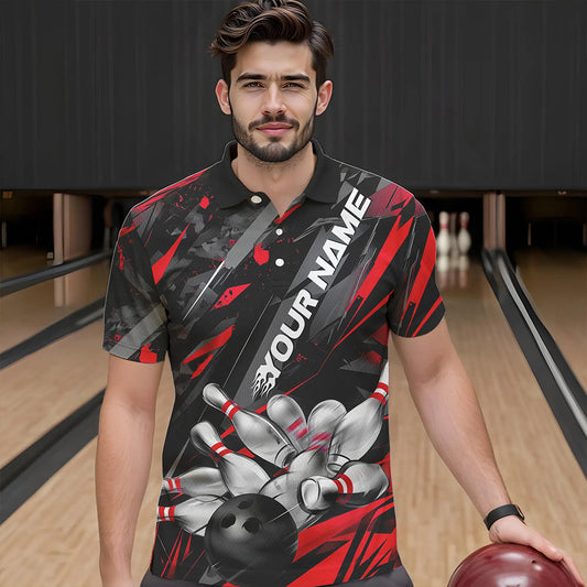 Custom Black And Red Bowling Polo Shirts For Men, Bowling Tournament Team Uniform IPHW8527