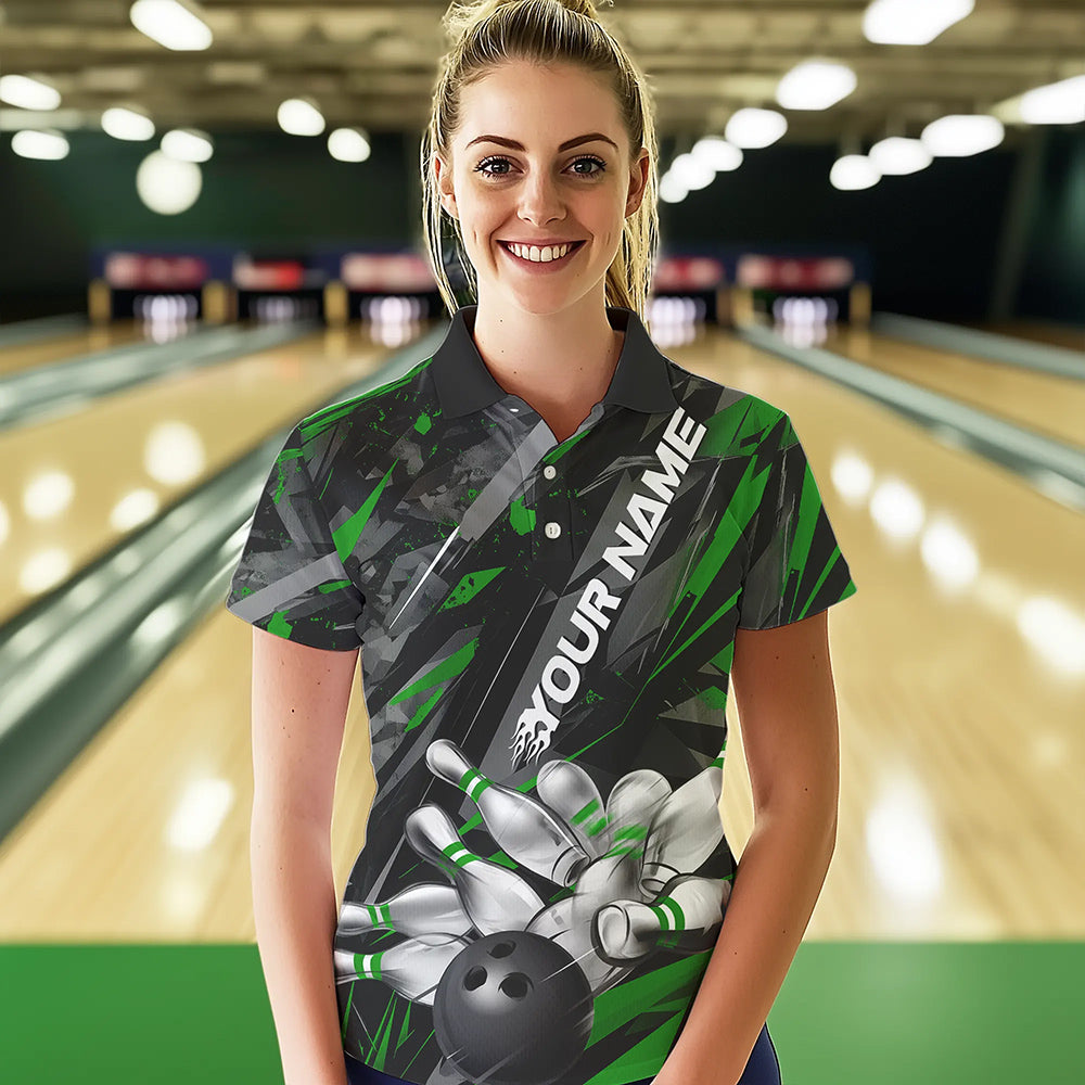 Custom Black And Green Bowling Polo Shirts For Women, Bowling Tournament Team Uniform IPHW8529