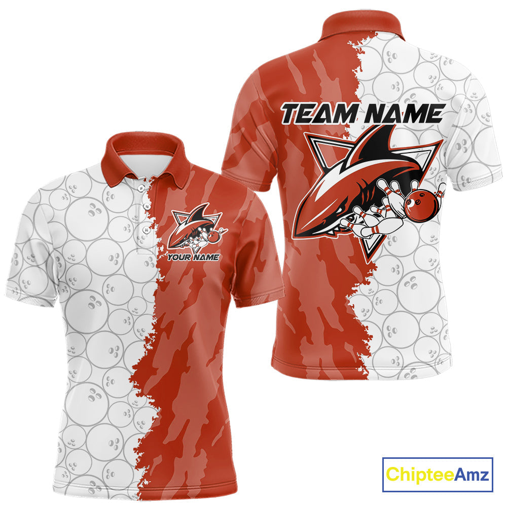 Custom White And Orange Shark Bowling Polo Shirts For Men, Shark Bowling League Shirt IPHW8991