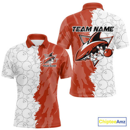 Custom White And Orange Shark Bowling Polo Shirts For Men, Shark Bowling League Shirt IPHW8991
