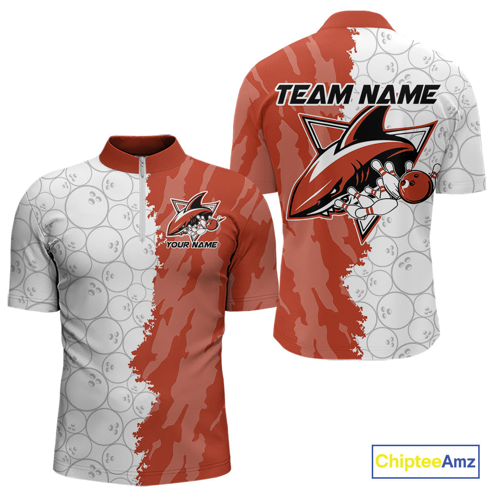 Custom White And Orange Shark Bowling Quarter-Zip Shirts For Men, Shark Bowling League Shirt IPHW8991