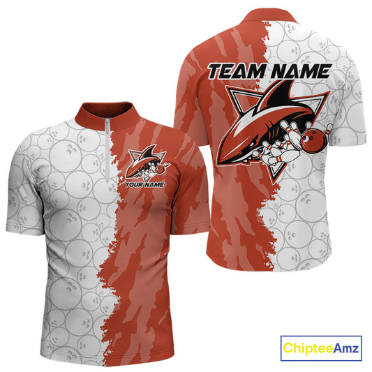 Custom White And Orange Shark Bowling Quarter-Zip Shirts For Men, Shark Bowling League Shirt IPHW8991