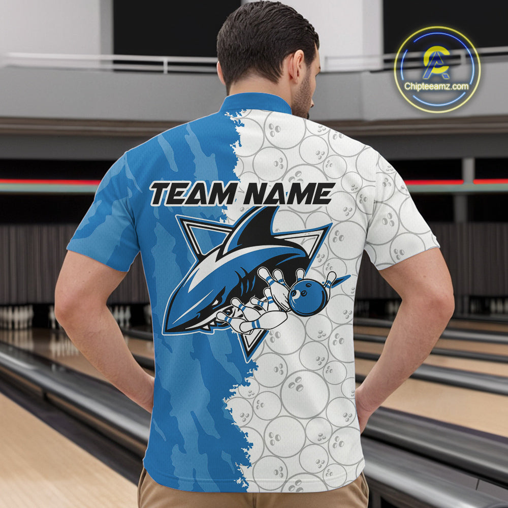 Custom White And Blue Shark Bowling Quarter-Zip Shirts For Men, Shark Bowling League Shirt IPHW8993