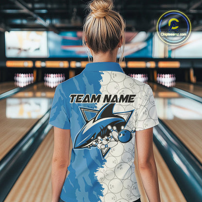 Custom White And Blue Shark Bowling Women Quarter-Zip Shirts, Shark Bowling League Shirt IPHW8993