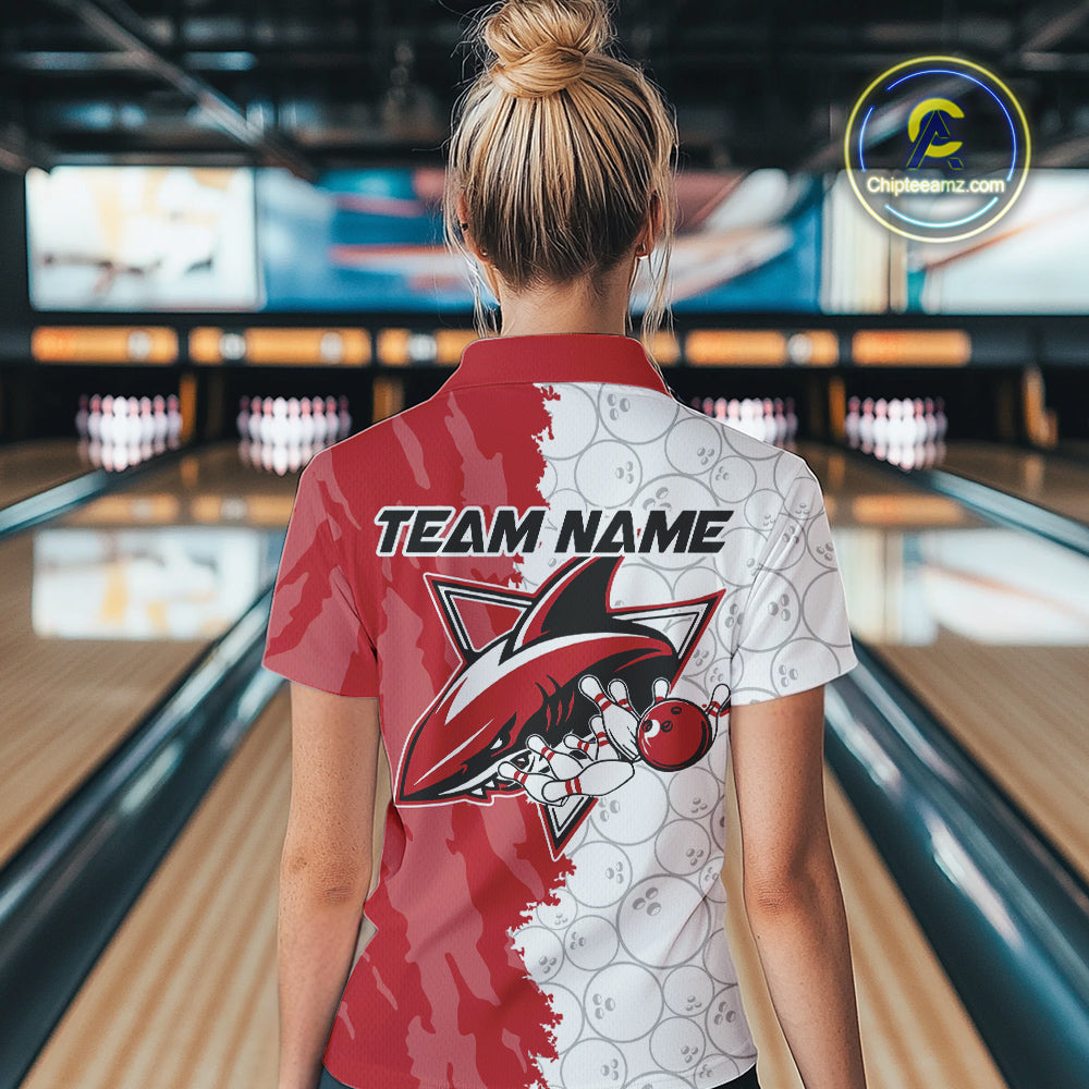 Custom White And Red Shark Bowling Women Quarter-Zip Shirts, Shark Bowling League Shirt IPHW8994