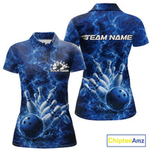 Load image into Gallery viewer, Custom Blue Fire Flame Bowling Women Polo Tournament Shirt, Team Bowling Jerseys IPHW11102