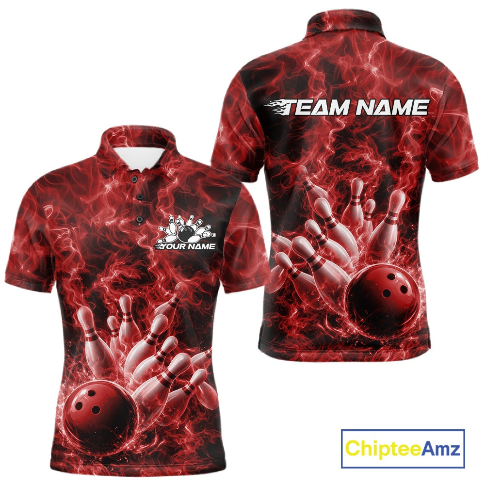 Front and back mens bowling polo featuring a red bowling ball crashing through pins against a fiery background.