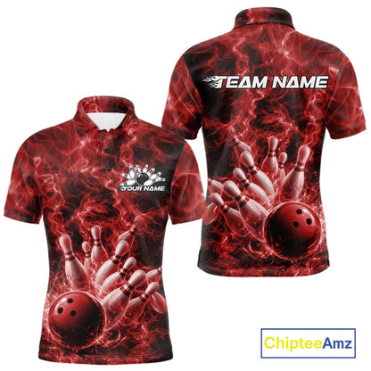 Front and back mens bowling polo featuring a red bowling ball crashing through pins against a fiery background.