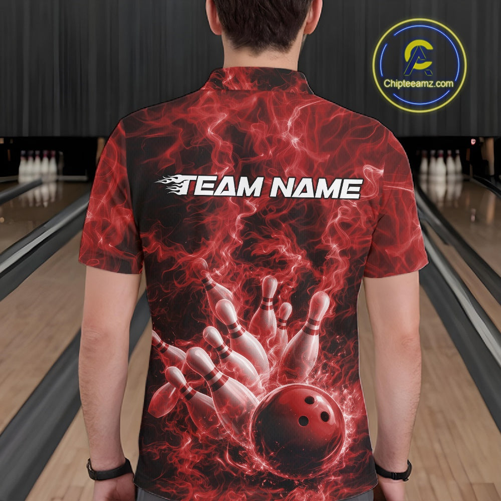 Back view of a mens bowling polo showcasing a red bowling ball knocking down pins with flame accents.