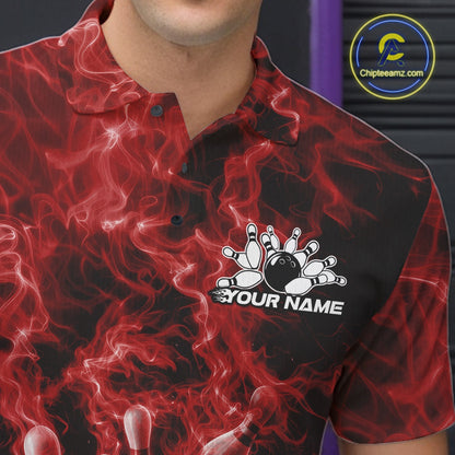 Close-up left chest graphic of a bowling polo featuring a red bowling ball crashing through pins.