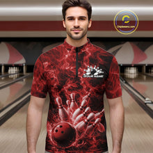 Load image into Gallery viewer, Custom Red Fire Flame Bowling Men Quarter-Zip Tournament Shirt, Team Bowling Jerseys IPHW11103
